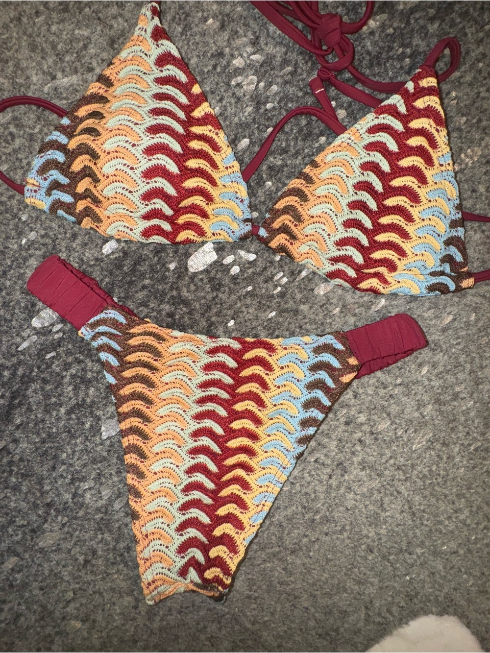 Crocheted Multicolor Wave Bikini Top & Bottom - Burgundy Accents - Picture 5 of 5